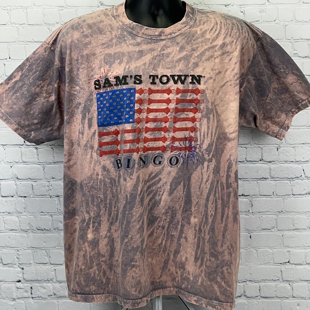 Vintage Y2K Sam's Town Bingo American Flag Graphic T Shirt Las Vegas Gambling XL